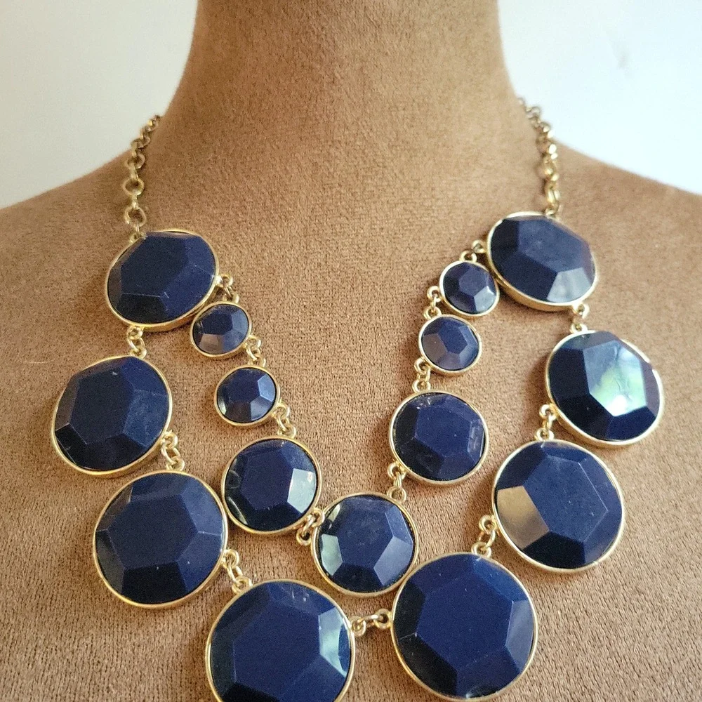 Kate Spade Navy Blue Gold Tone Resin Stone Bib Statement Necklace Size 17 Preppy